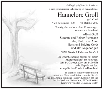Traueranzeige von Hannelore Groll von Tageszeitung
