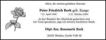 Traueranzeige von Peter Friedrich Bork von Tageszeitung