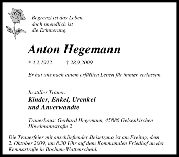Traueranzeige von Anton Hegemann von Tageszeitung