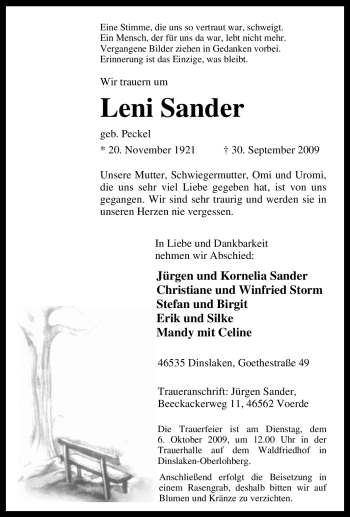 Traueranzeige von Leni Sander von Tageszeitung
