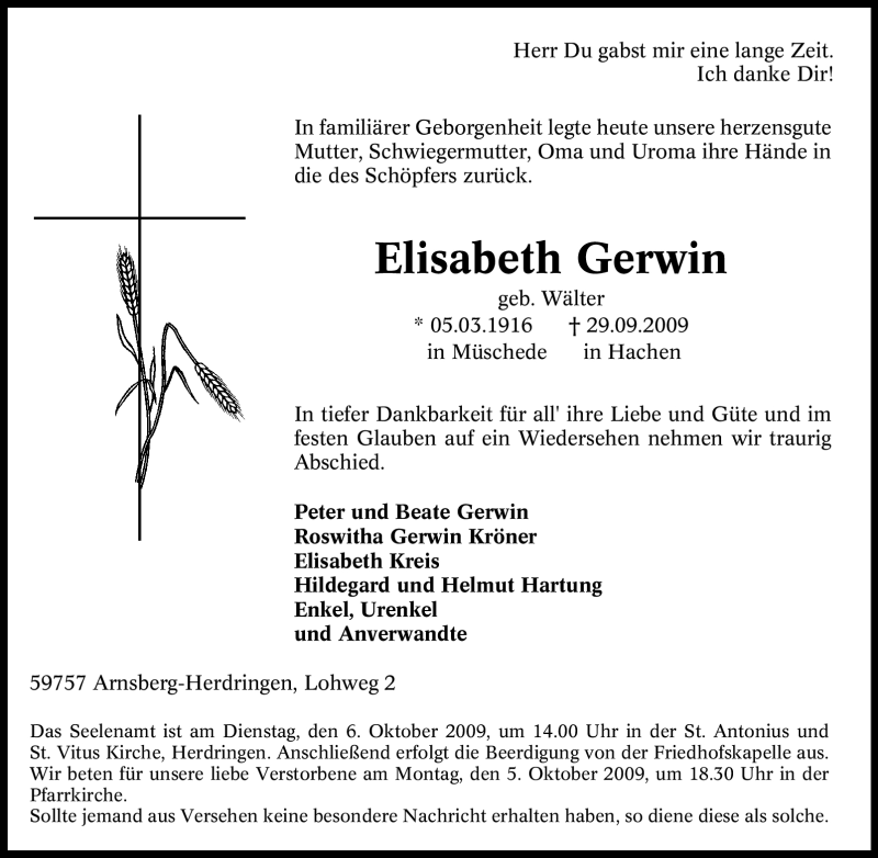  Traueranzeige für Elisabeth Gerwin vom 01.10.2009 aus Tageszeitung