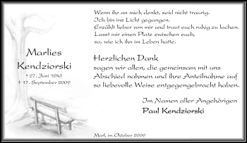 Traueranzeige von Marlies Kendziorski von Tageszeitung