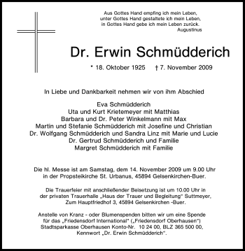Traueranzeige von Erwin Schmüdderich von Tageszeitung