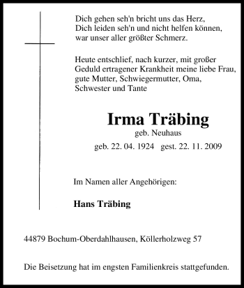 Traueranzeige von Irma Träbing von Tageszeitung