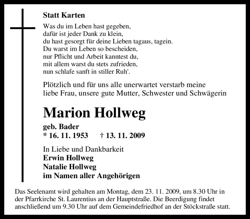  Traueranzeige für Marion Hollweg vom 20.11.2009 aus Tageszeitung
