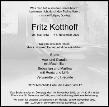 Traueranzeige von Fritz Kotthoff von Tageszeitung