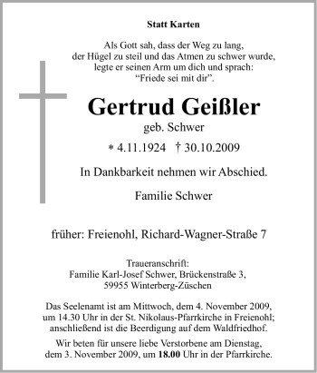 Traueranzeige von Gertrud Geißler von Tageszeitung