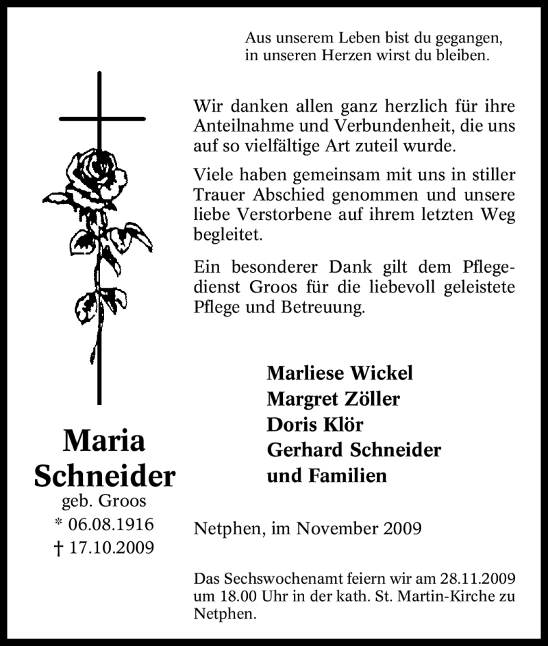  Traueranzeige für Maria Schneider vom 21.11.2009 aus Tageszeitung