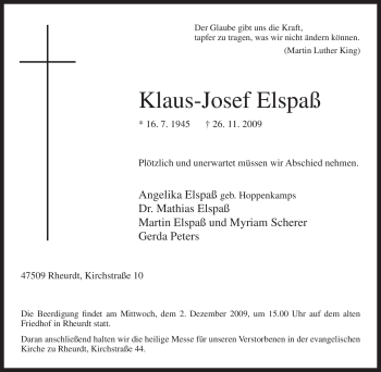 Traueranzeige von Klaus-Josef Elspaß von Tageszeitung