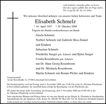 Traueranzeige von Elisabeth Schmelz von Tageszeitung