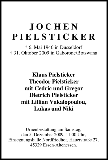 Traueranzeige von Jochen Pielsticker von Tageszeitung