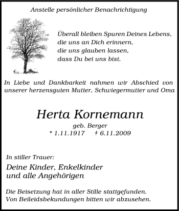 Traueranzeige von Herta Kornemann von Tageszeitung