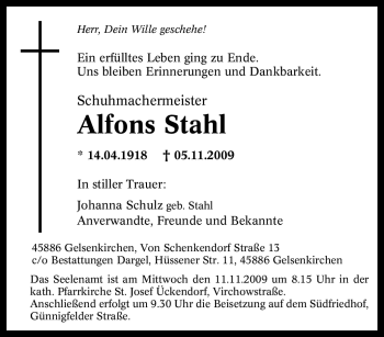 Traueranzeige von Alfons Stahl von Tageszeitung
