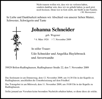 Traueranzeige von Johanna Schneider von Tageszeitung