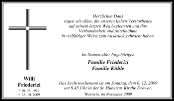Traueranzeige von Willi Friederizi von Tageszeitung