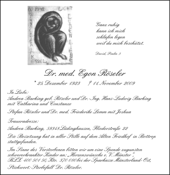 Traueranzeige von Egon Röseler von Tageszeitung