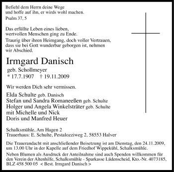 Traueranzeige von Irmgard Danisch von Tageszeitung