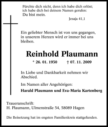 Traueranzeige von Reinhold Plaumann von Tageszeitung