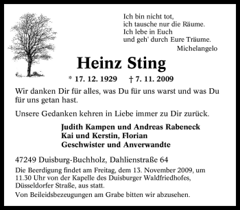Traueranzeige von Heinz Sting von Tageszeitung