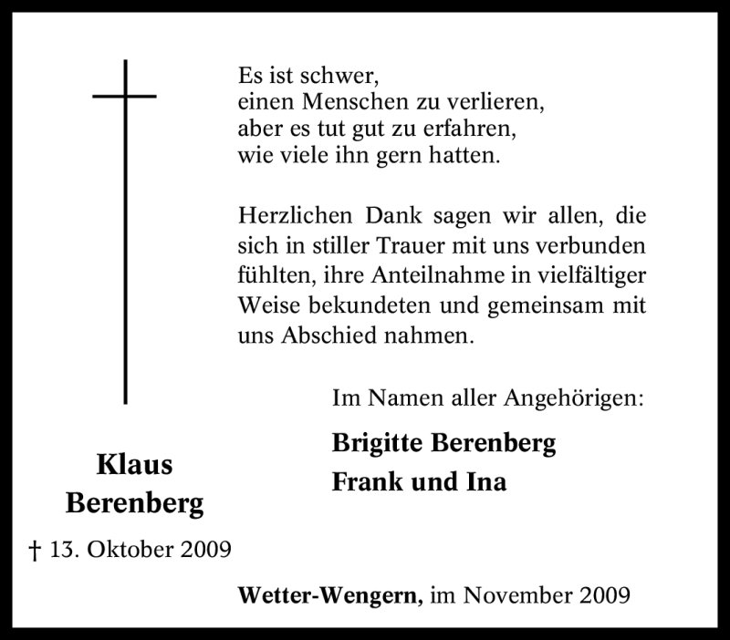  Traueranzeige für Klaus Berenberg vom 16.11.2009 aus WESTDEUTSCHE ALLGEMEINE ZEITUNG