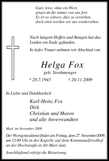 Traueranzeige von Helga Fox von Tageszeitung