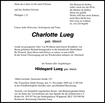 Traueranzeige von Charlotte Lueg von Tageszeitung