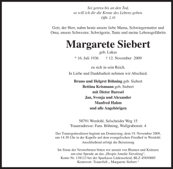 Traueranzeige von Margarete Siebert von Tageszeitung