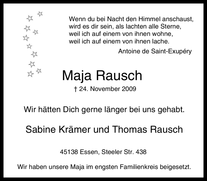  Traueranzeige für Maja Rausch vom 28.11.2009 aus Tageszeitung
