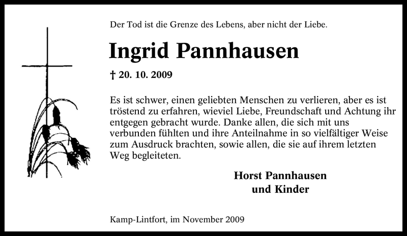  Traueranzeige für Ingrid Pannhausen vom 16.11.2009 aus Tageszeitung