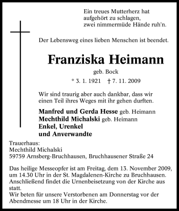 Traueranzeige von Franziska Heimann von Tageszeitung