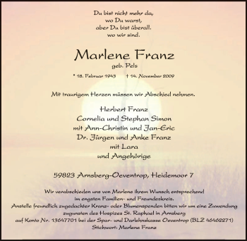 Traueranzeige von Marlene Franz von Tageszeitung