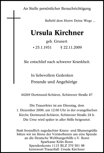 Traueranzeige von Ursula Kirchner von Tageszeitung