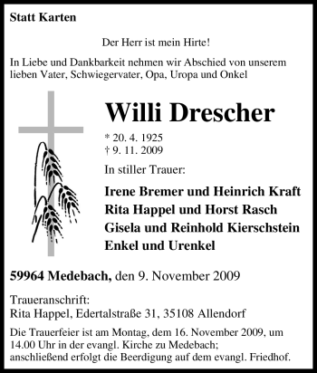 Traueranzeige von Willi Drescher von Tageszeitung