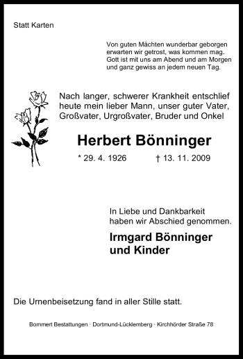 Traueranzeige von Herbert Bönninger von Tageszeitung