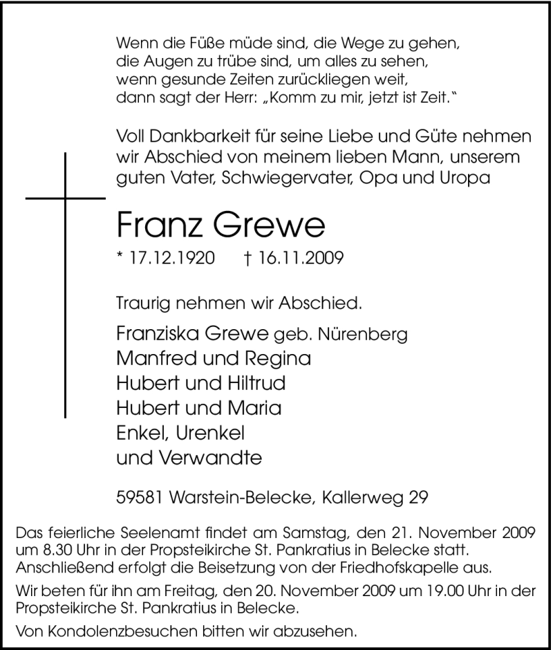 Traueranzeige für Franz Grewe vom 18.11.2009 aus Tageszeitung