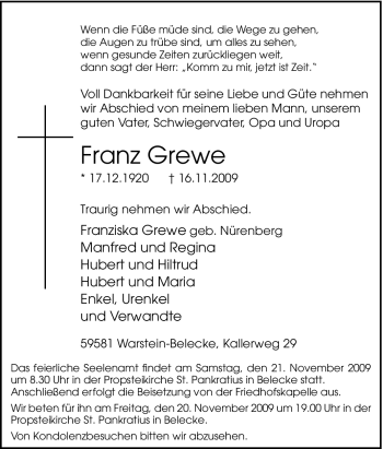 Traueranzeige von Franz Grewe von Tageszeitung