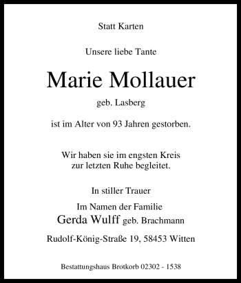 Traueranzeige von Marie Mollauer von Tageszeitung