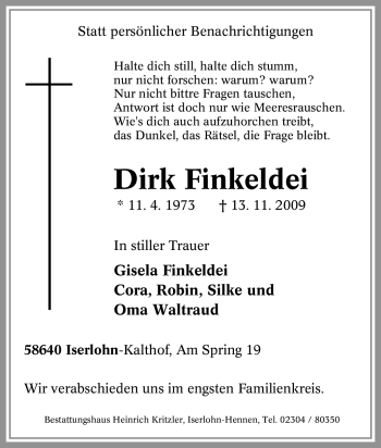 Traueranzeige von Dirk Finkeldei von Tageszeitung