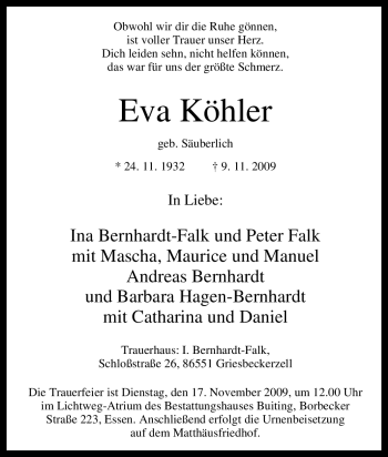 Traueranzeige von Eva Köhler von Tageszeitung
