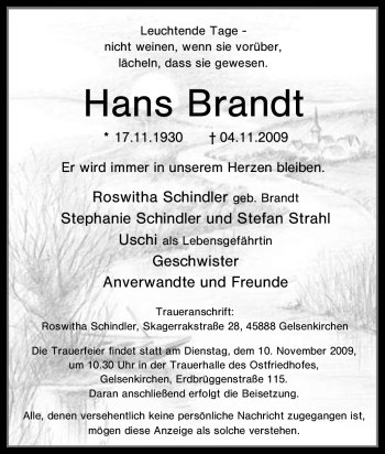 Traueranzeige von Hans Brandt von Tageszeitung