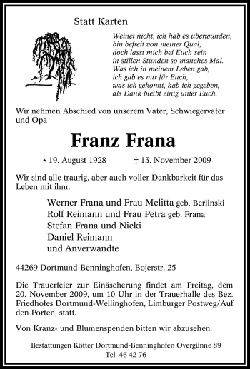 Traueranzeige von Franz Frana von Tageszeitung