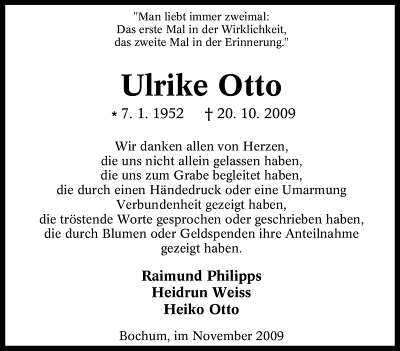  Traueranzeige für Ulrike Otto vom 14.11.2009 aus Tageszeitung
