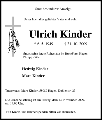 Traueranzeige von Ulrich Kinder von Tageszeitung
