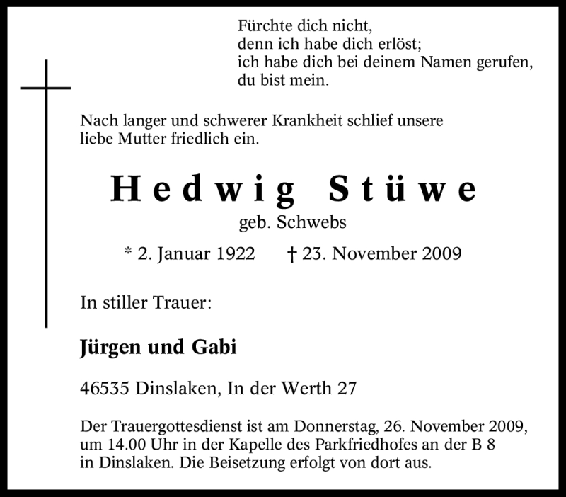  Traueranzeige für Hedwig Stüwe vom 25.11.2009 aus Tageszeitung