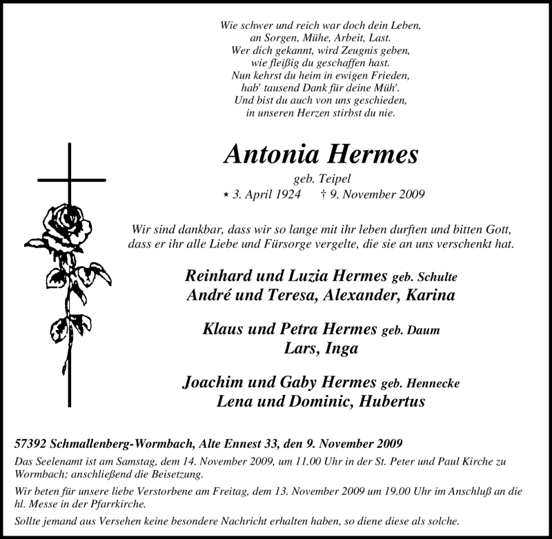  Traueranzeige für Antonia Hermes vom 12.11.2009 aus Tageszeitung