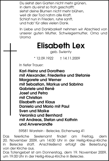 Traueranzeige von Elisabeth Lex von Tageszeitung