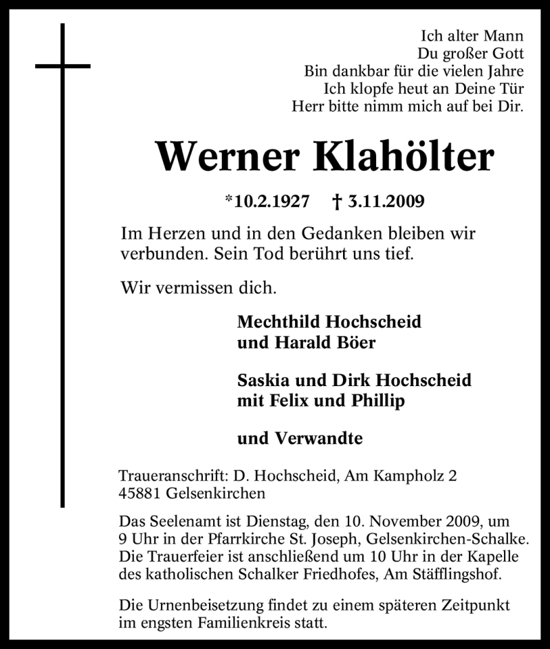  Traueranzeige für Werner Klahölter vom 06.11.2009 aus Tageszeitung