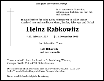 Traueranzeige von Heinz Rabkowitz von Tageszeitung