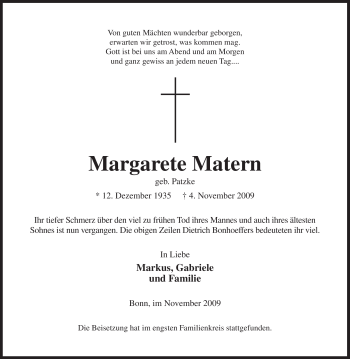 Traueranzeige von Margarete Matern von Tageszeitung