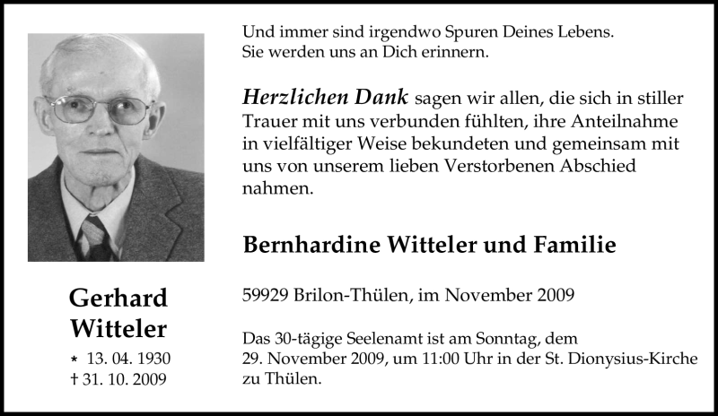  Traueranzeige für Gerhard Witteler vom 23.11.2009 aus Tageszeitung